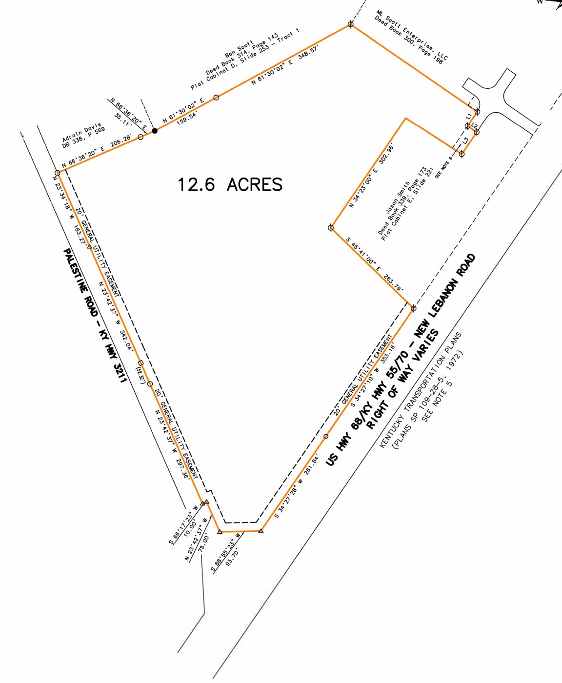 Survey plat of the 12.6-acre tract at US 68 and Palestine Road